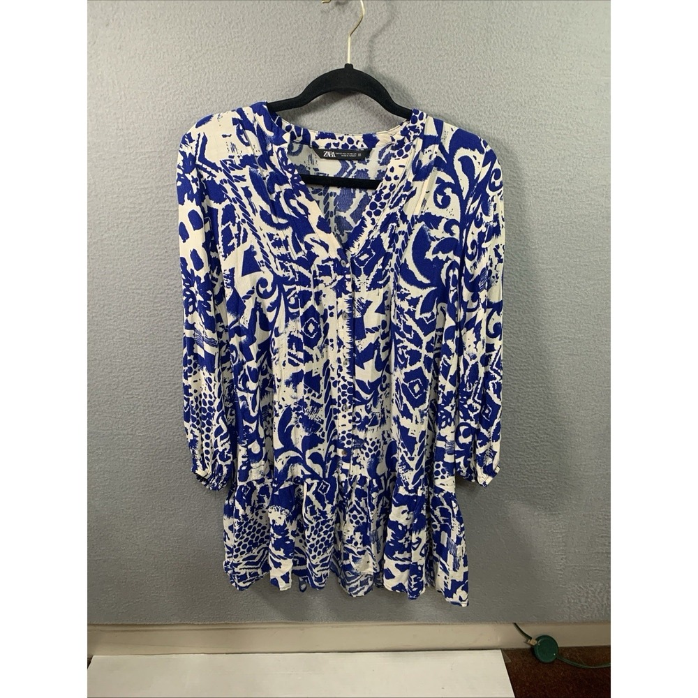 Zara Women's Blue White Geometric V-Neck Balloon Sleeve Fit & Flare Dress XS